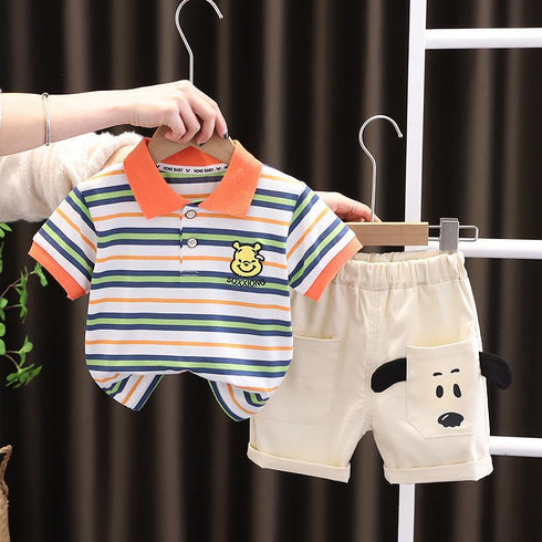 Children's bear stripe cartoon Polo Shirt Short Sleeve two-piece baby shorts
